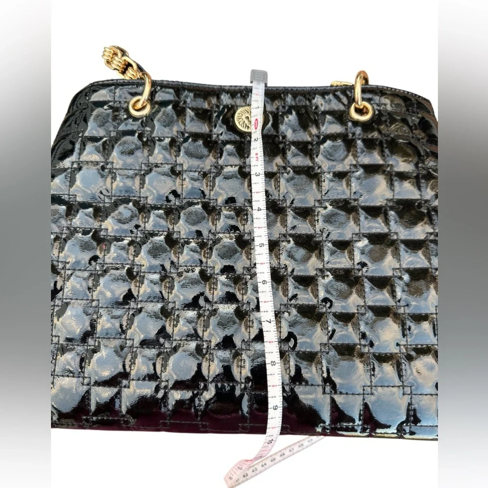 Anne Klein Black Quilted Patent Tote Bag Gold Lion Logo Chain Strap Shoulder Bag